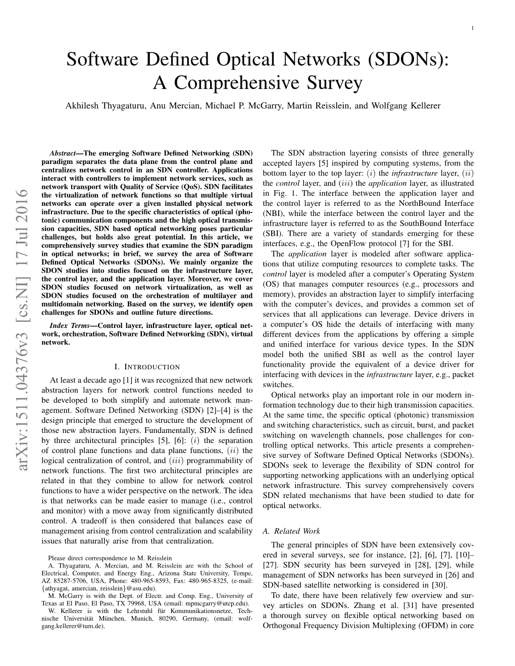 Software Defined Optical Networks (Sdons): a Comprehensive Survey