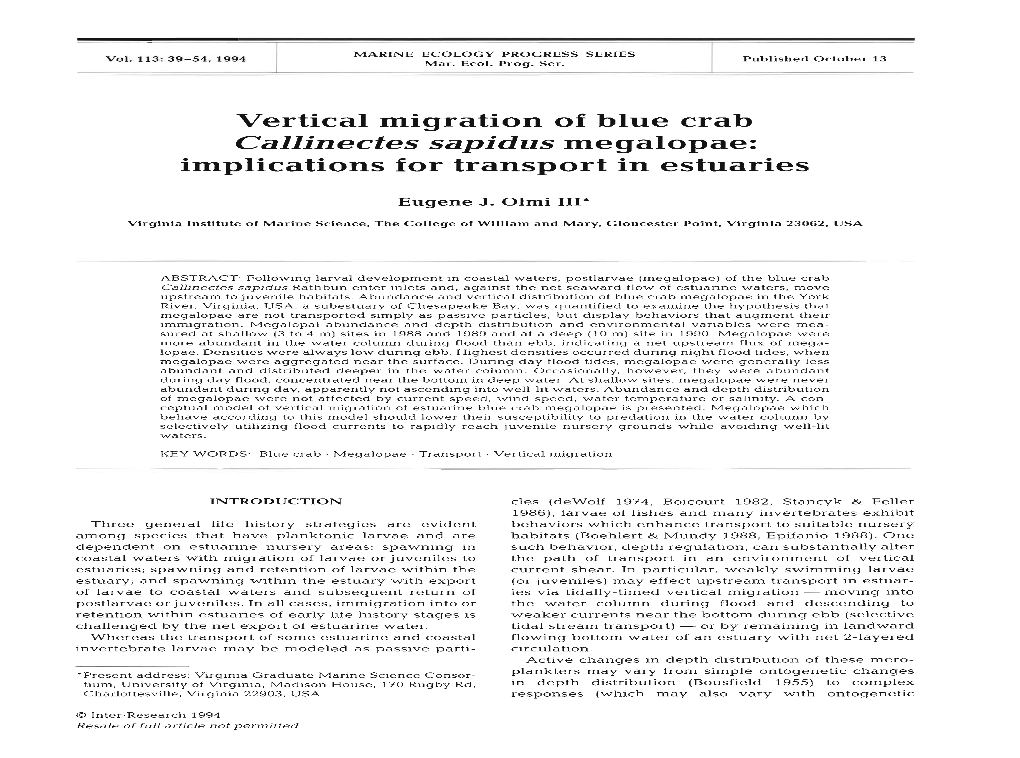 Callinectes Sapidus Megalopae: Implications for Transport in Estuaries