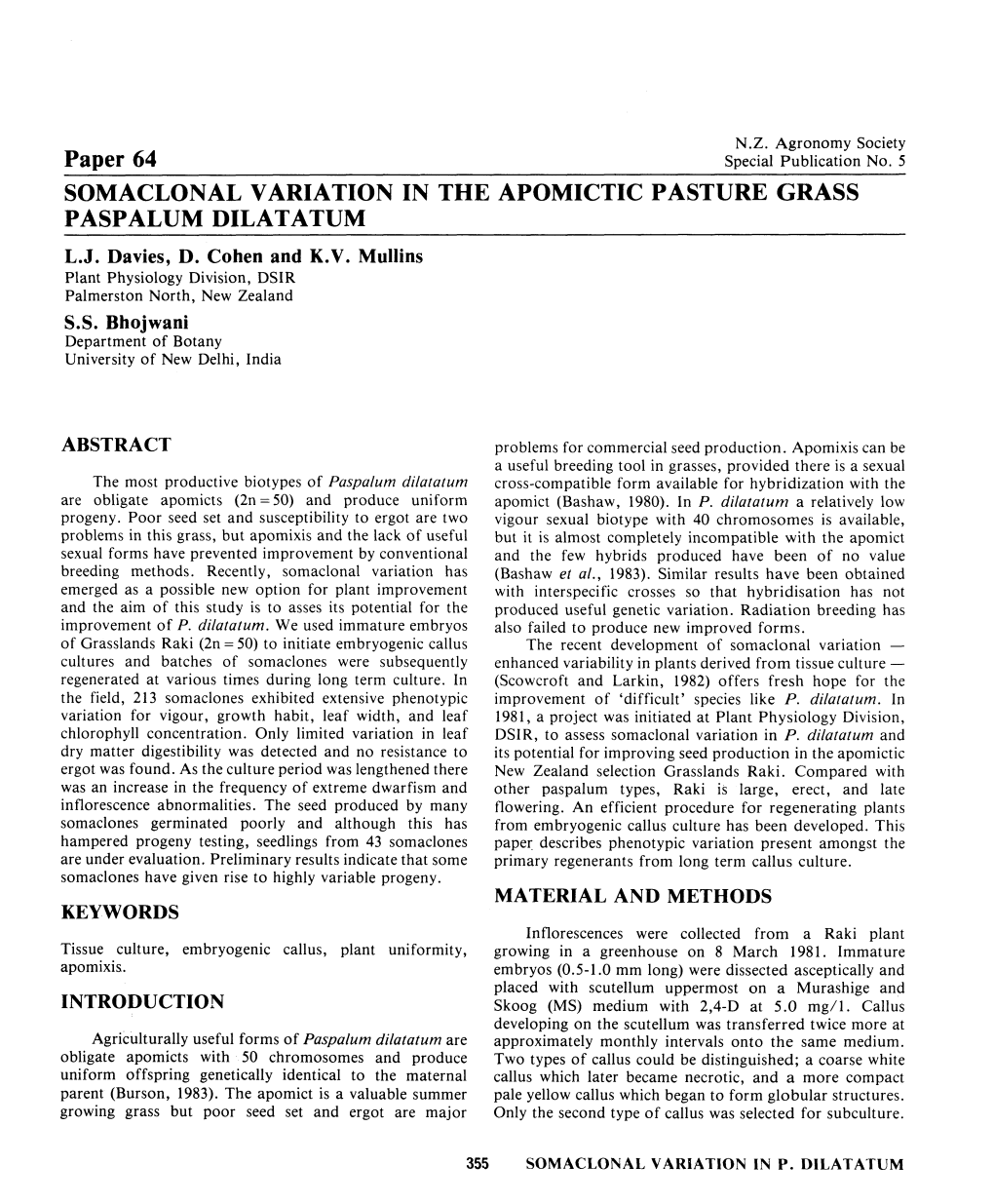 Somaclonal Variation in the Apomictic Pasture Grass Paspalum Dilatatum