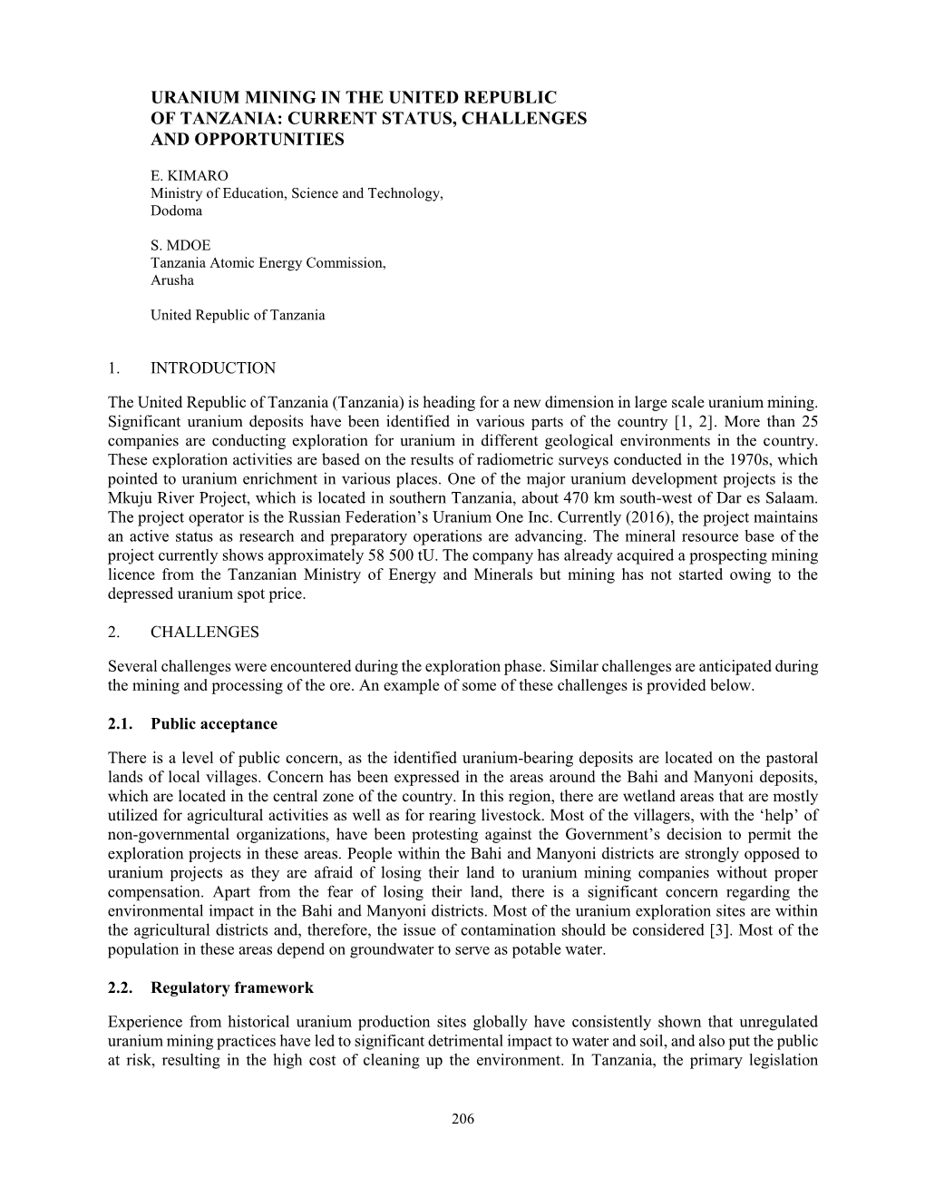 Uranium Mining in the United Republic of Tanzania: Current Status, Challenges and Opportunities