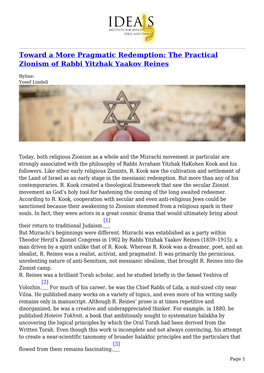 The Practical Zionism of Rabbi Yitzhak Yaakov Reines