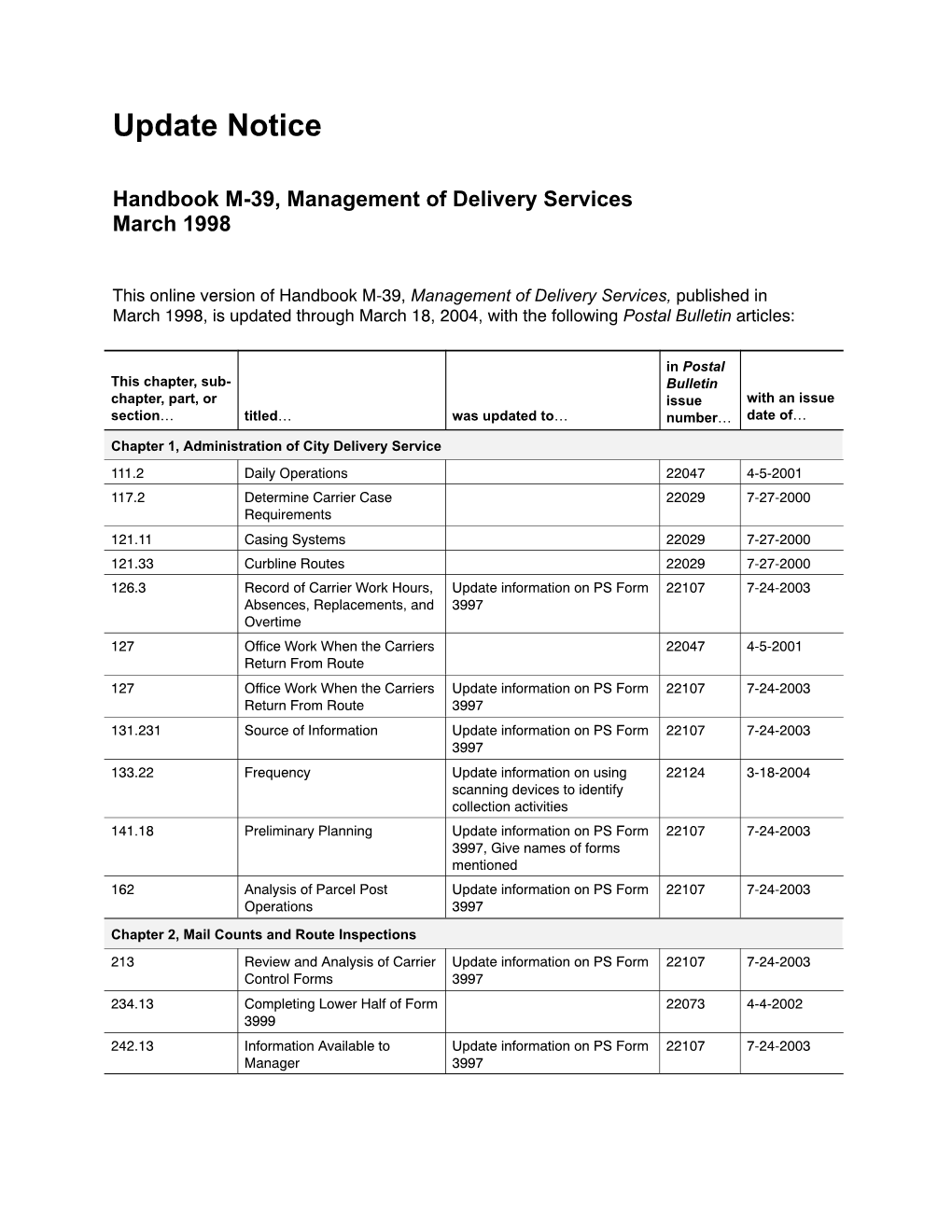 Handbook M-39, Management of Delivery Services March 1998