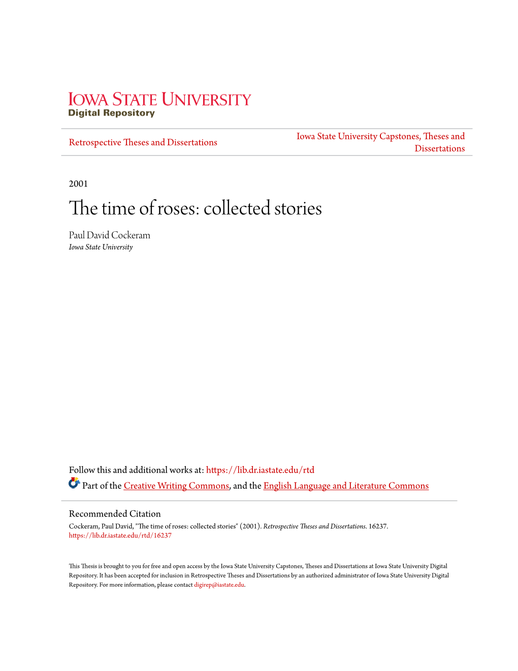 The Time of Roses: Collected Stories Paul David Cockeram Iowa State University