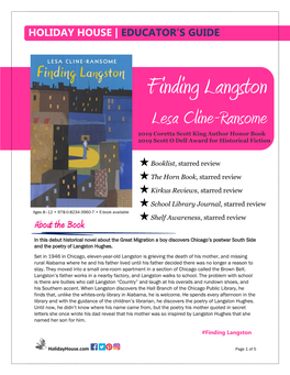 Finding Langston Lesa Cline -Ransome 2019 Coretta Scott King Author Honor Book 2019 Scott O Dell Award for Historical Fiction Sharelle Byars Moranville