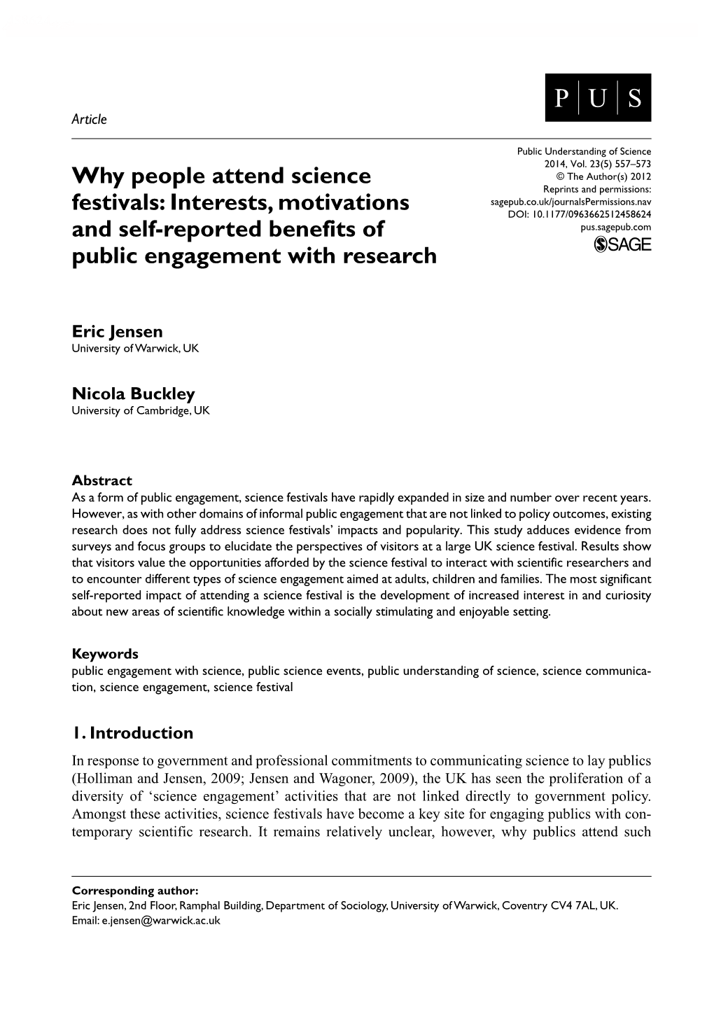 Why People Attend Science Festivals: Interests, Motivations and Self