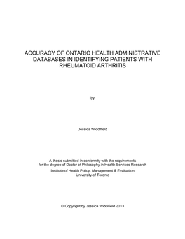 Accuracy of Ontario Health Administrative Databases in Identifying Patients with Rheumatoid Arthritis