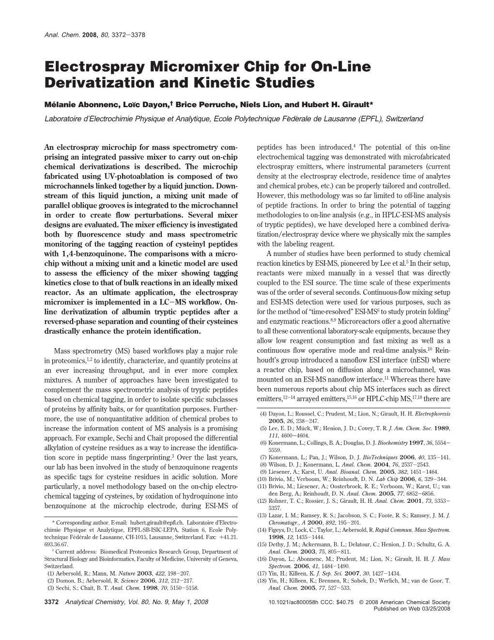 Electrospray Micromixer Chip for On-Line Derivatization and Kinetic Studies