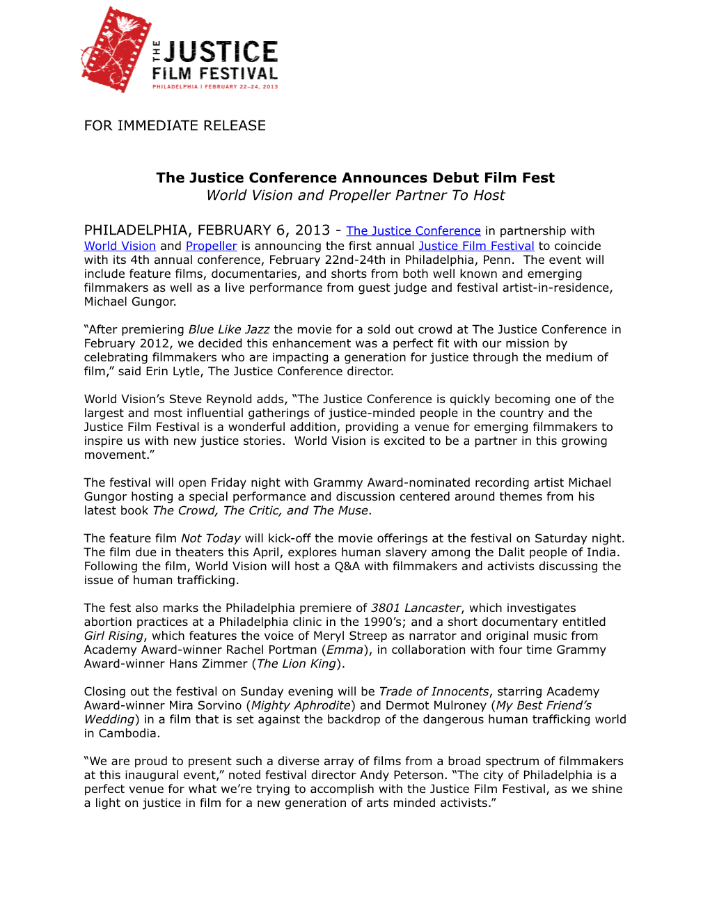 Revised Final Justice Film Fest Press Release Feb 2013 Copy