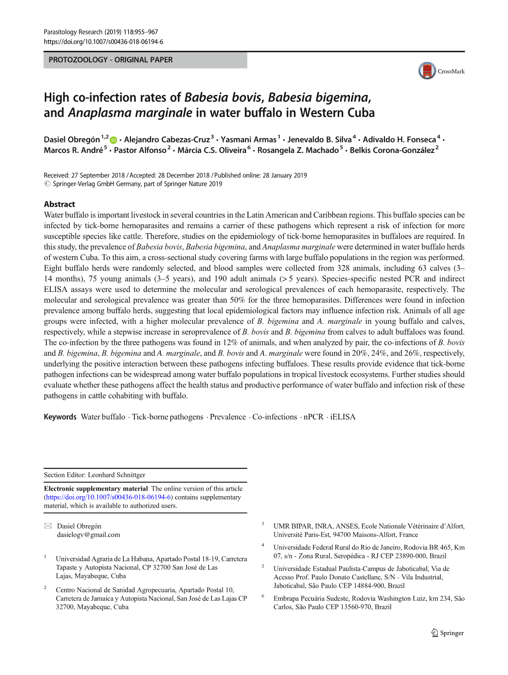 High Co-Infection Rates of Babesia Bovis, Babesia Bigemina, and Anaplasma Marginale in Water Buffalo in Western Cuba