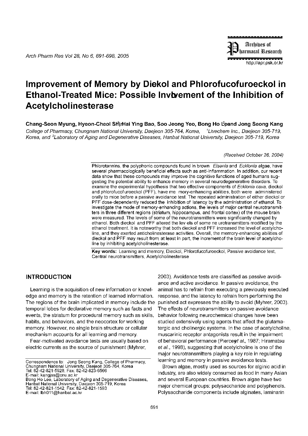 Improvement of Memory by Dieckol and Phlorofucofuroeckol in Ethanol-Treated Mice: Possible Involvement of the Inhibition of Acetylcholinesterase