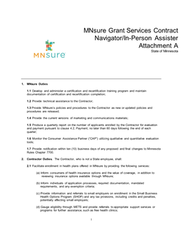 Mnsure Grant Services Contract Navigator/In-Person Assister Attachment a State of Minnesota