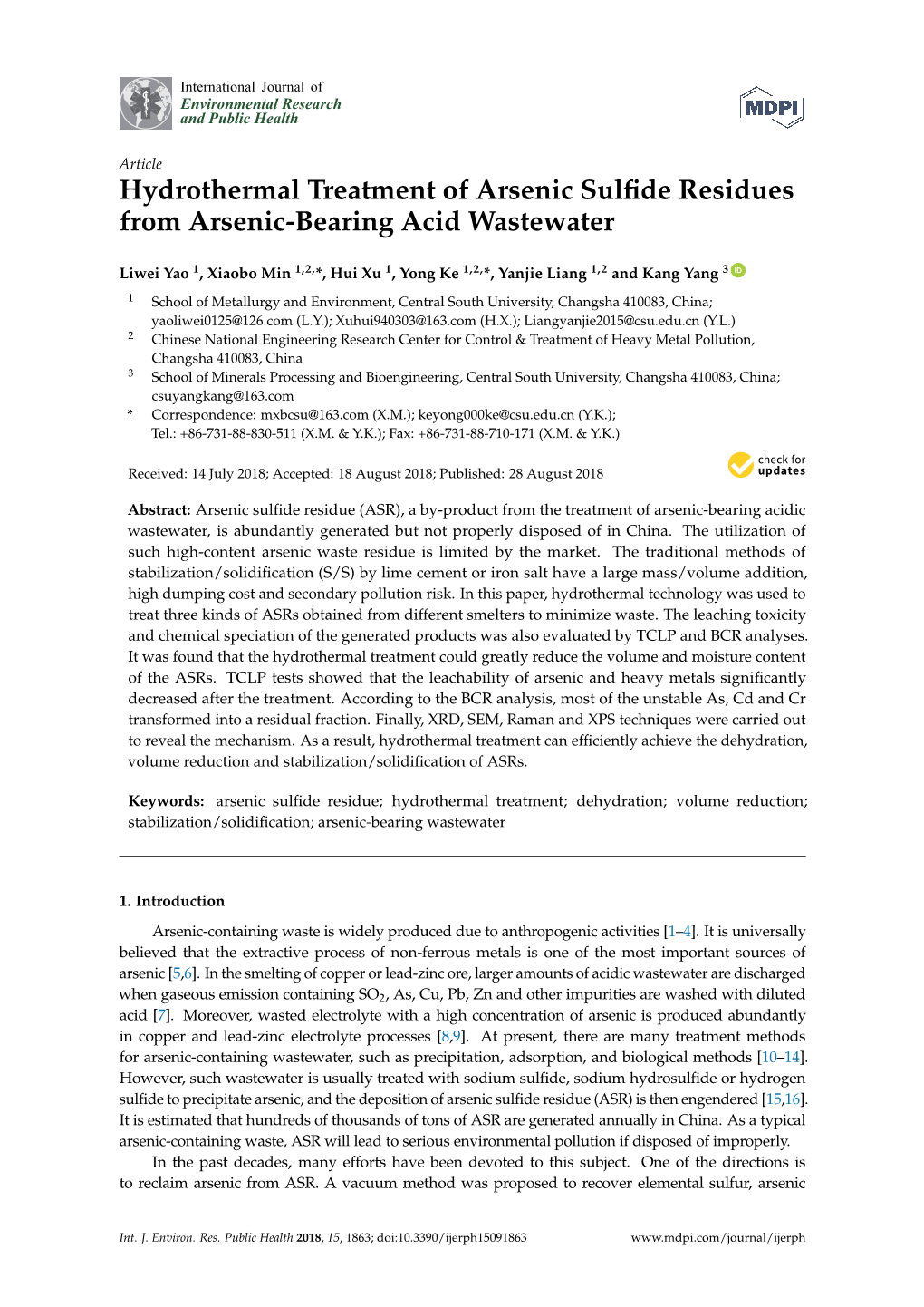 Hydrothermal Treatment of Arsenic Sulfide Residues from Arsenic