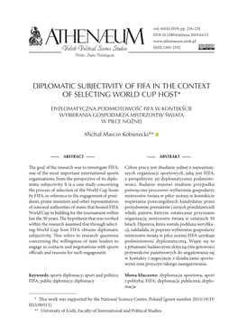 Diplomatic Subjectivity of Fifa in the Context of Selecting World Cup Host