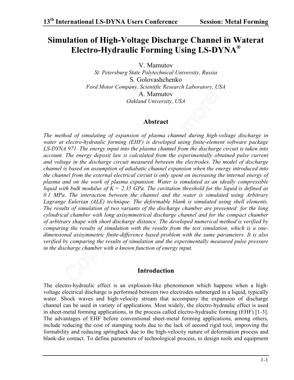 Simulation of High-Voltage Discharge Channel in Waterat Electro-Hydraulic Forming Using LS-DYNA®