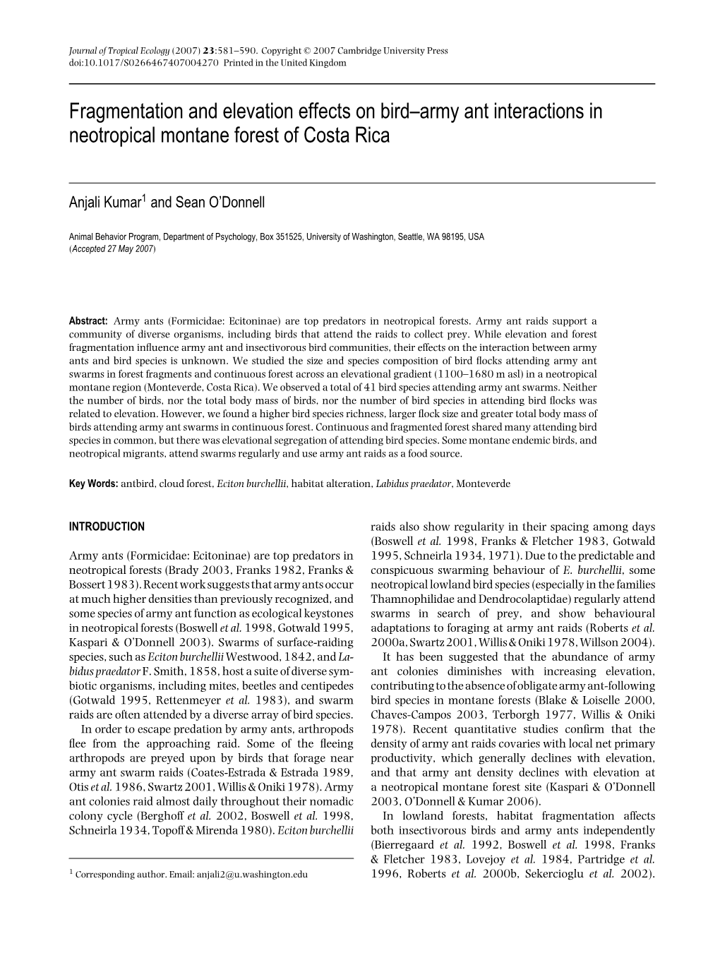 Kumar, A. & S. O'donnell. 2007. Fragmentation and Elevation Effects