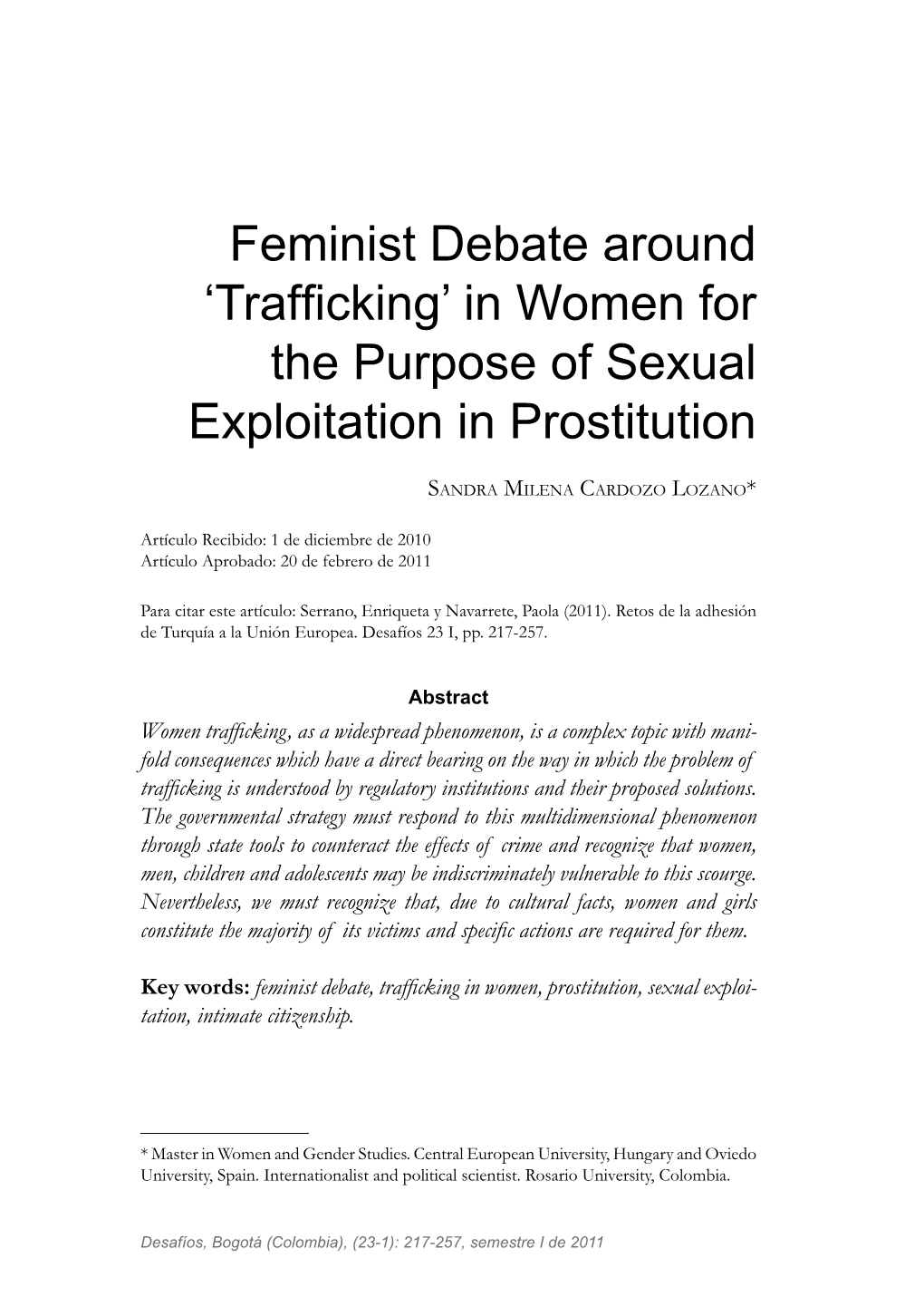 Feminist Debate Around 'Trafficking' in Women for the Purpose of Sexual Exploitation in Prostitution