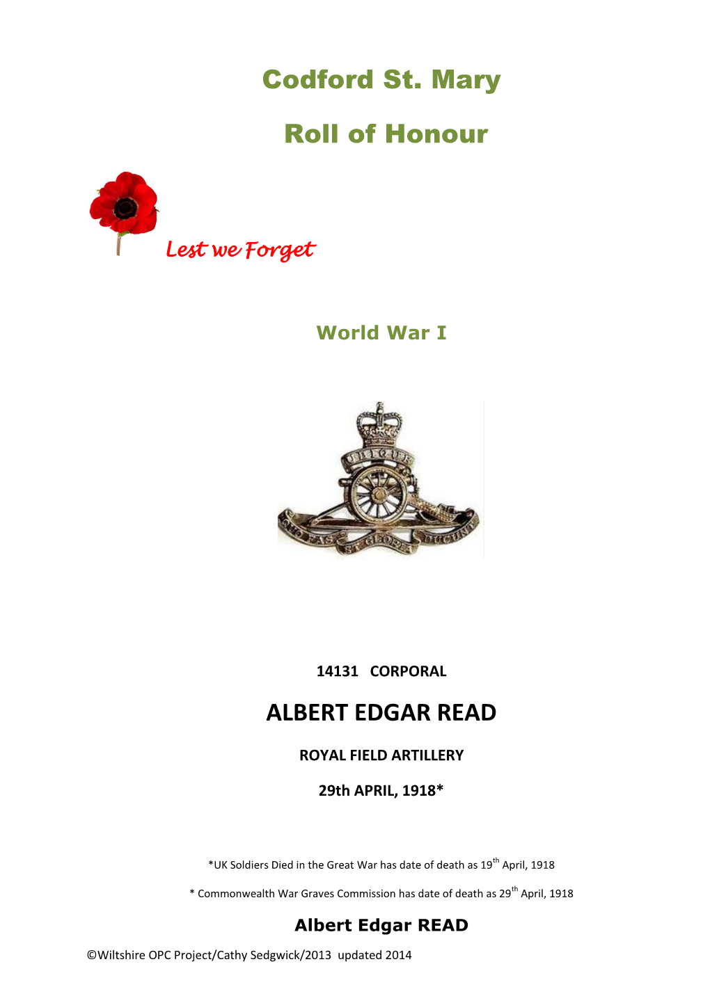 Codford St. Mary Roll of Honour ALBERT EDGAR READ