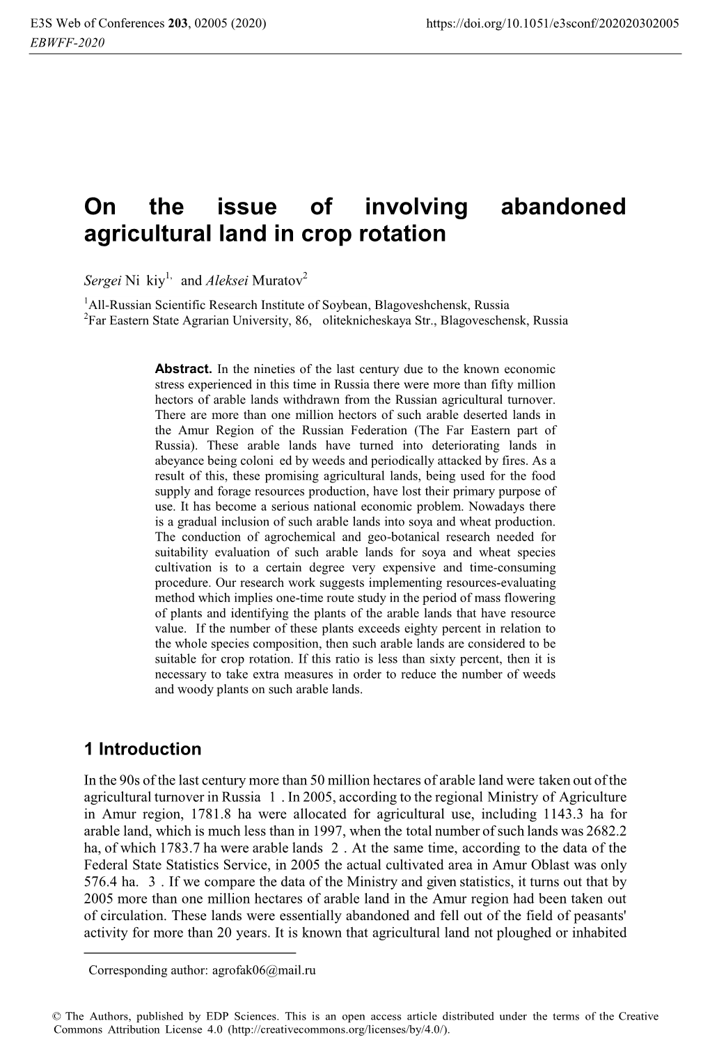 On the Issue of Involving Abandoned Agricultural Land in Crop Rotation