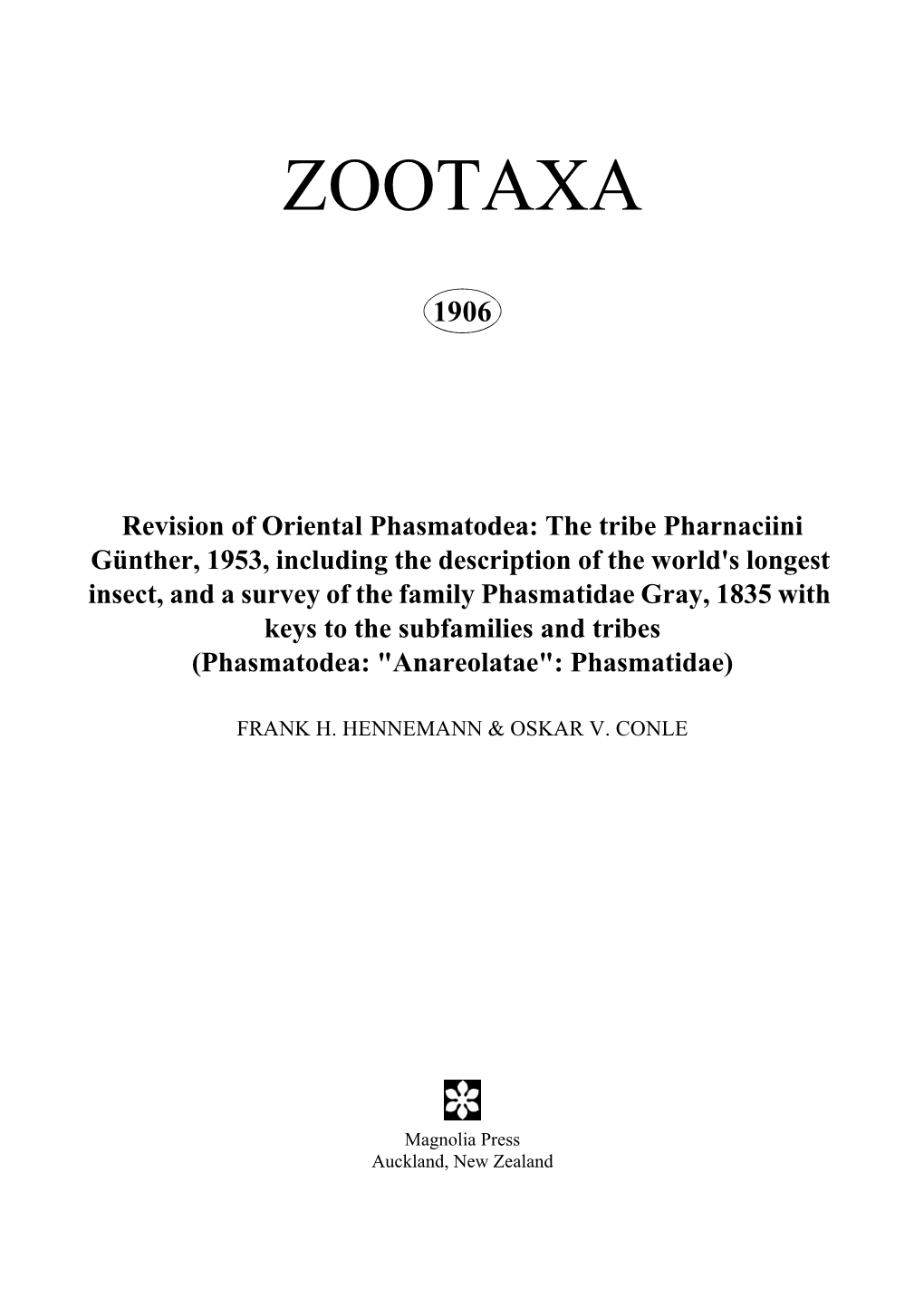 Zootaxa, Revision of Oriental Phasmatodea