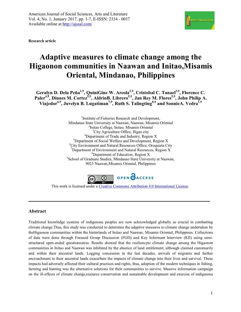 Adaptive Measures to Climate Change Among the Higaonon Communities in Naawan and Initao,Misamis Oriental, Mindanao, Philippines