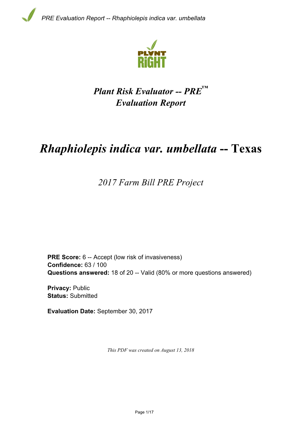 PRE Evaluation Report for Rhaphiolepis Indica Var. Umbellata