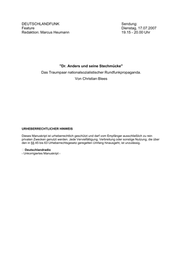 DEUTSCHLANDFUNK Sendung: Feature Dienstag, 17.07.2007 Redaktion: Marcus Heumann 19.15 - 20.00 Uhr