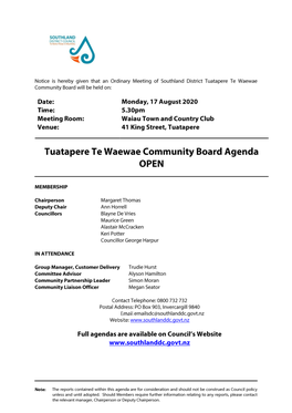 Agenda of Tuatapere Te Waewae Community Board