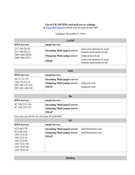 List of UK ISP DNS and Mail Server Settings