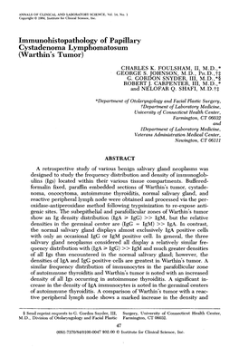 Immunohistopathology of Papillary Cystadenoma Lymphomatosum (Warthin’S Tumor) CHARLES K