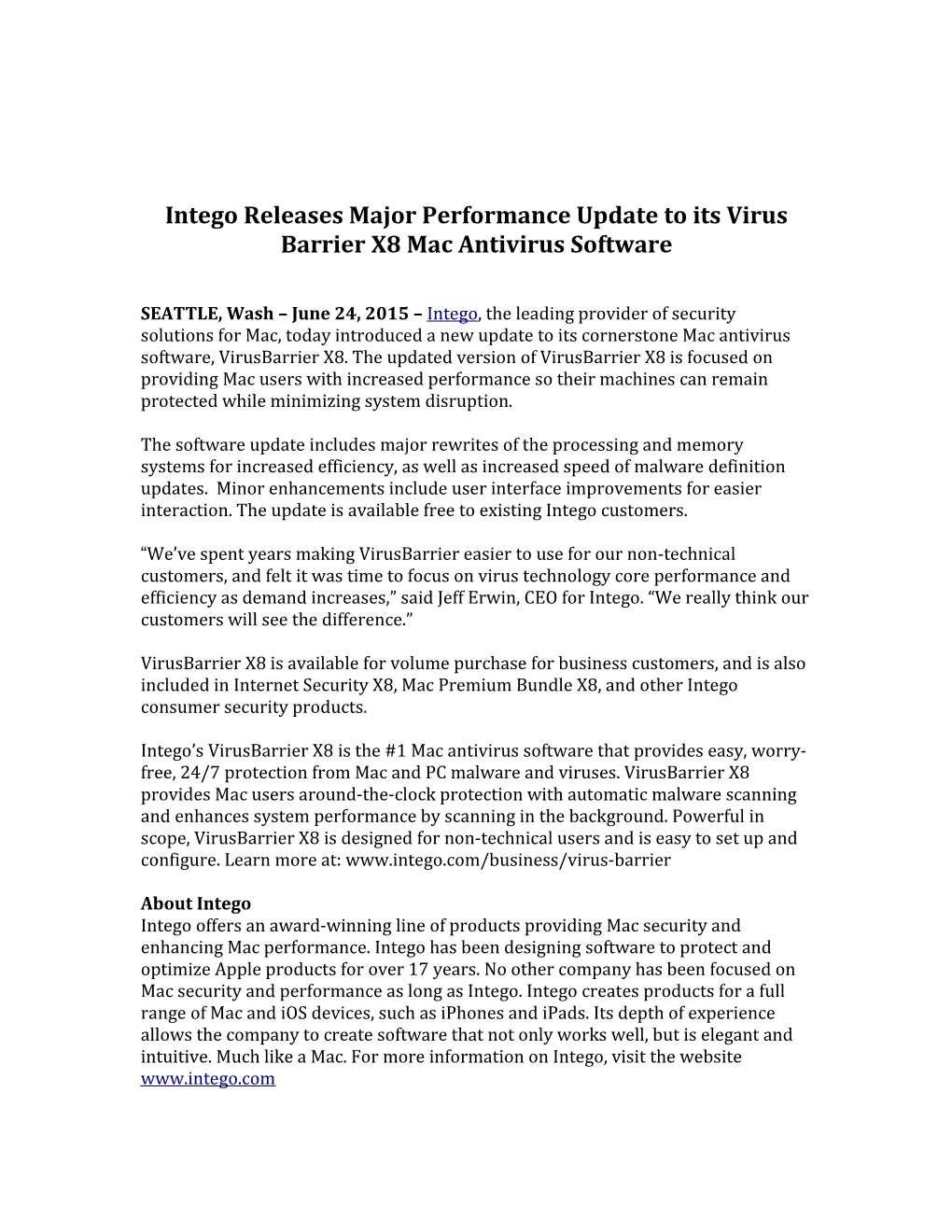 Intego Releases Major Performance Update to Its Virus Barrier X8 Mac Antivirus Software