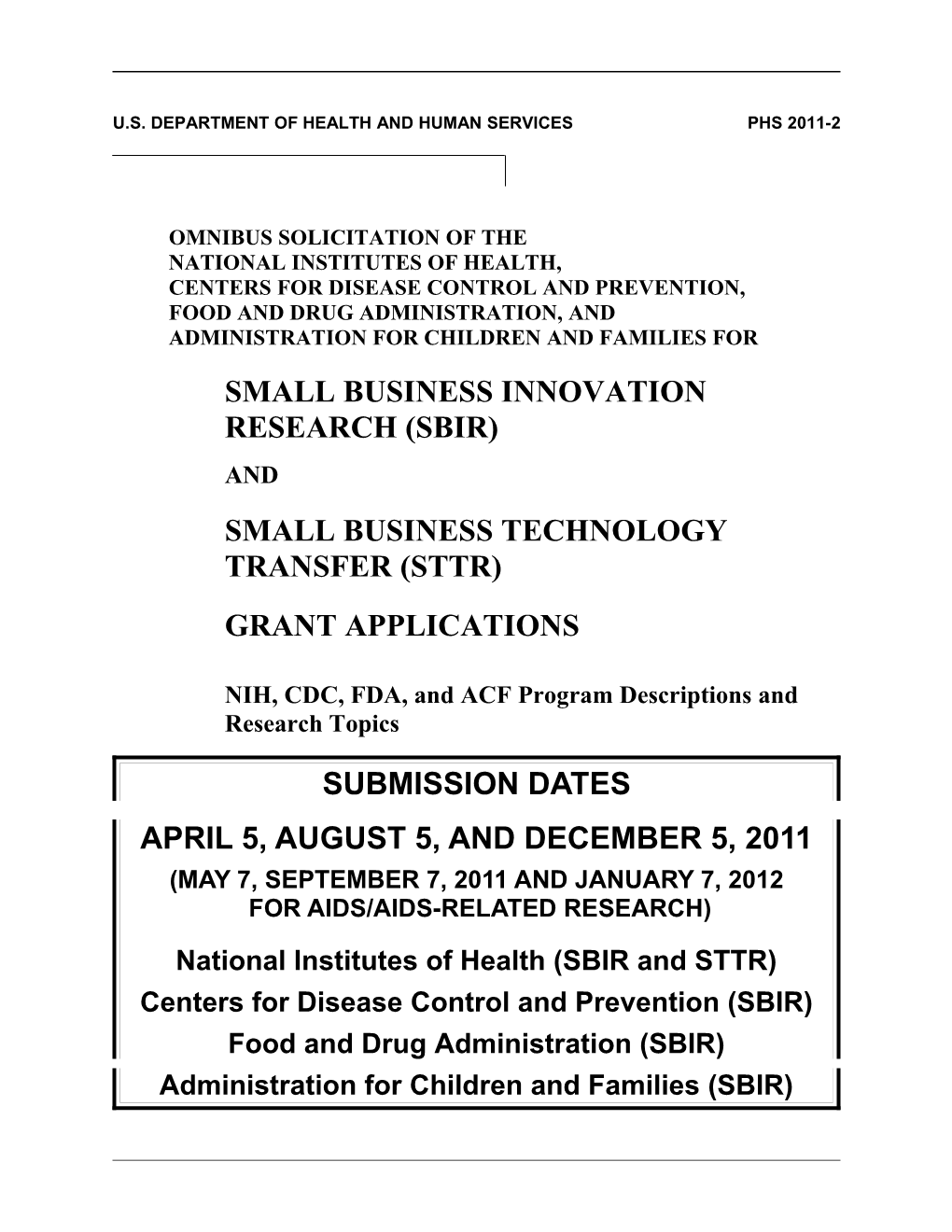 PHS 2011-2 SBIR/STTR Program Descriptions And Research Topics