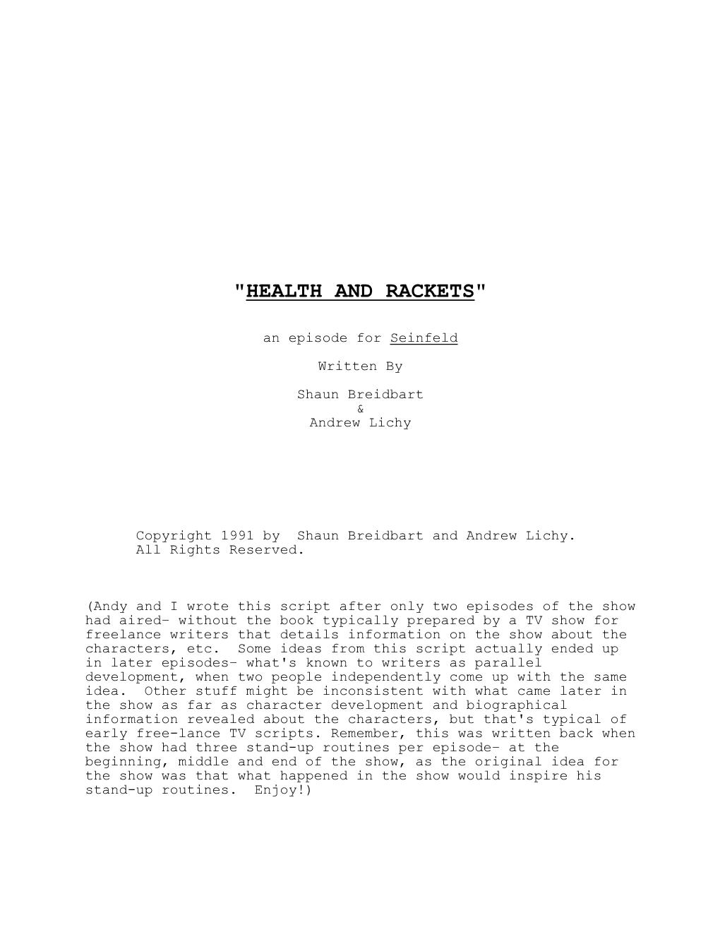 “Seinfeld” Script “Health and Rackets”