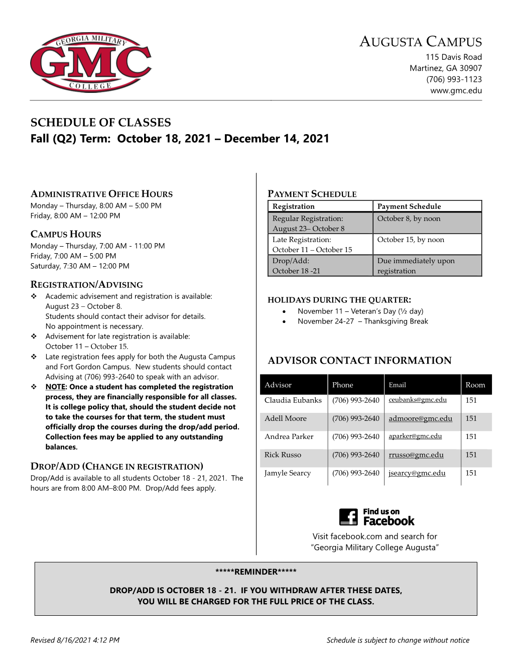 Augusta Campus Schedule Of