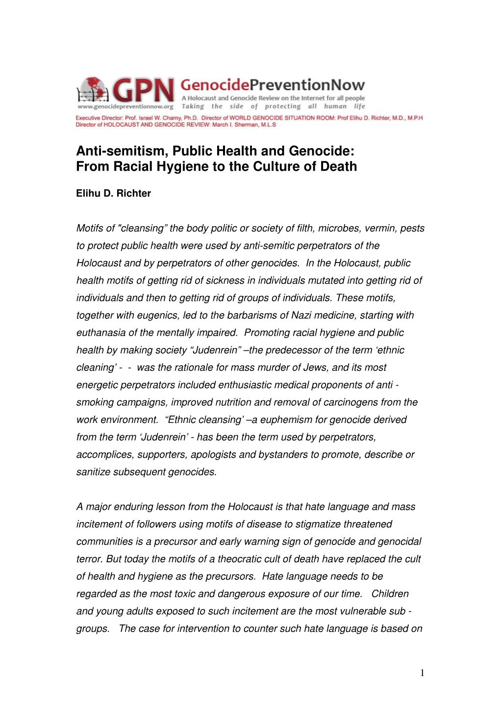 Antisemitism, Public Health and Genocide:From Racial Hygiene To