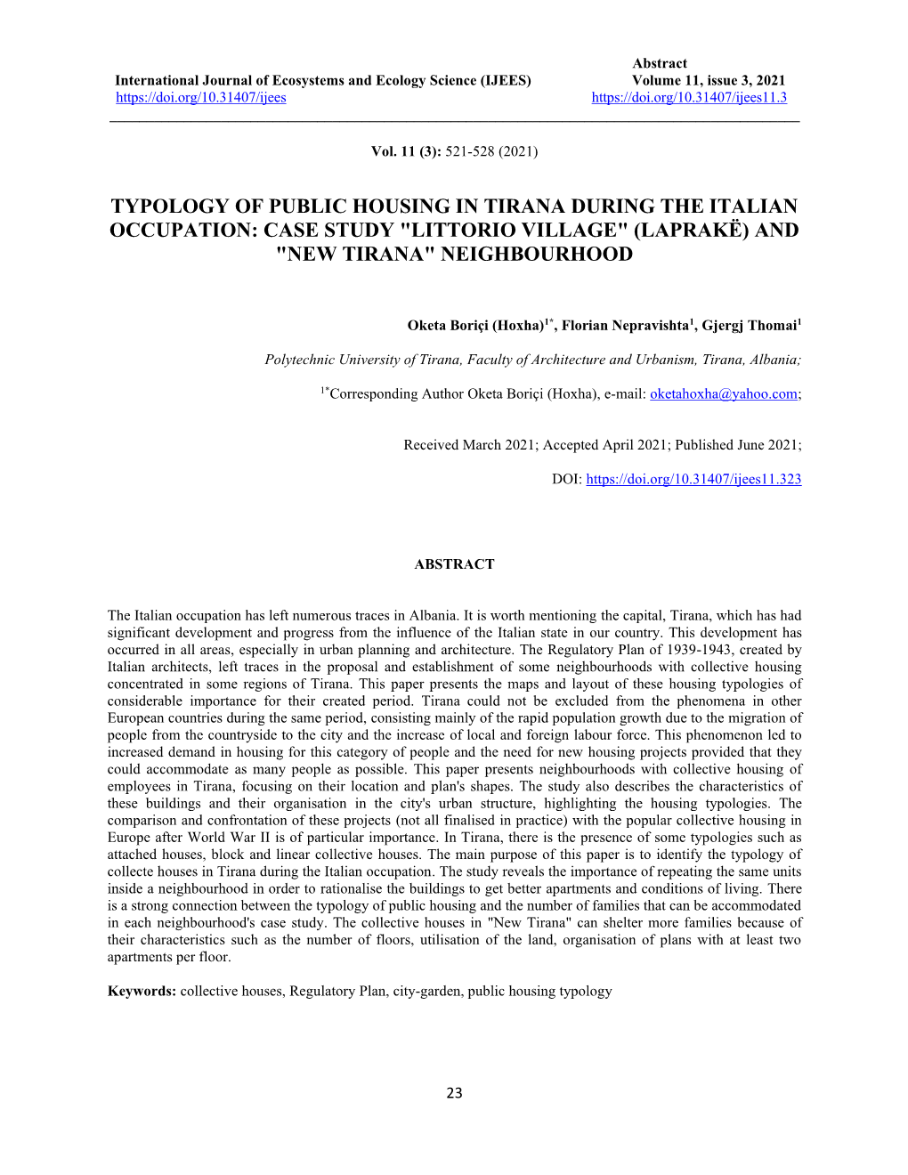 Typology of Public Housing in Tirana During the Italian Occupation: Case Study 