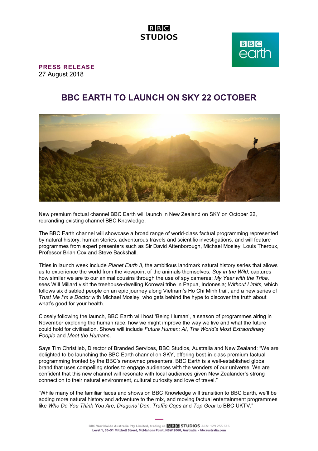 Bbc Earth to Launch on Sky 22 October