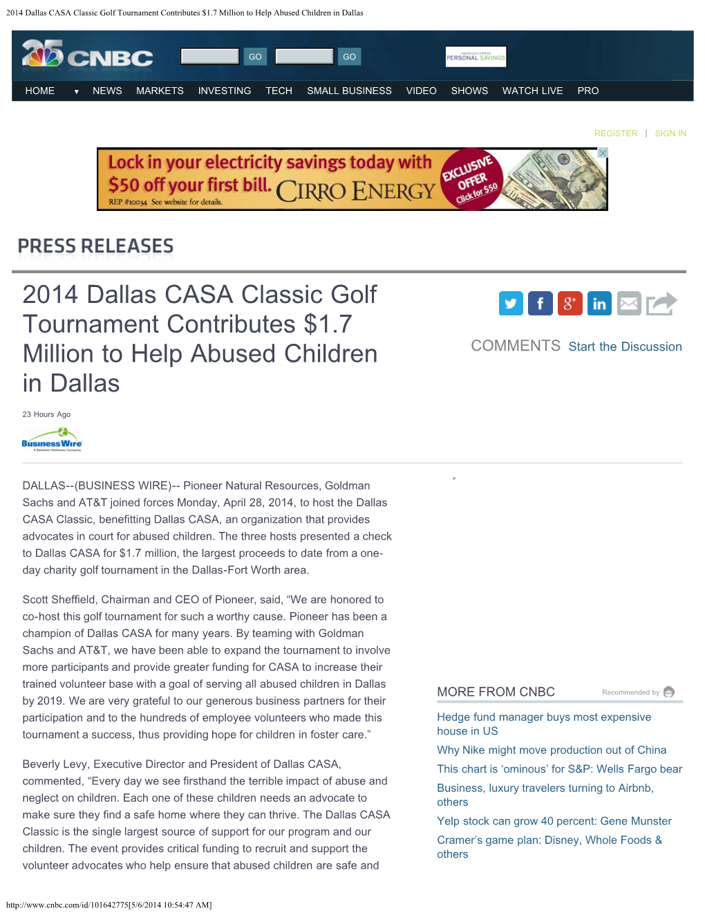 2014 Dallas CASA Classic Golf Tournament Contributes $1.7 Million to Help Abused Children in Dallas