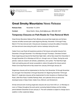 Great Smoky Mountains News Release