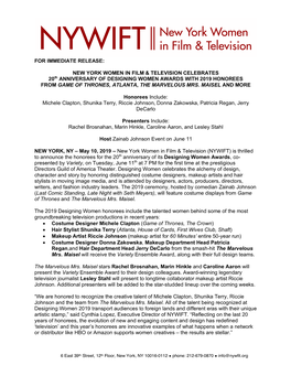FOR IMMEDIATE RELEASE: NEW YORK WOMEN in FILM & TELEVISION CELEBRATES 20Th ANNIVERSARY of DESIGNING WOMEN AWARDS with 2019 H