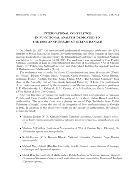 INTERNATIONAL CONFERENCE in FUNCTIONAL ANALYSIS DEDICATED to the 125Th ANNIVERSARY of STEFAN BANACH