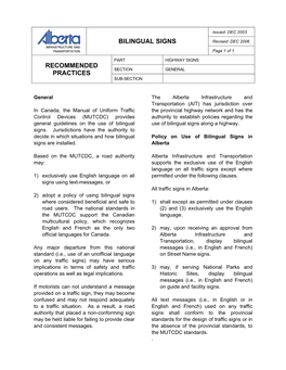 BILINGUAL SIGNS Revised: DEC 2006 Page 1 of 1 PART HIGHWAY SIGNS RECOMMENDED SECTION GENERAL PRACTICES SUB-SECTION