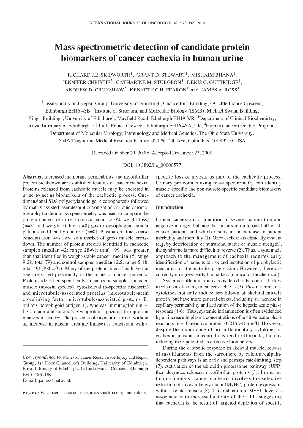 Mass Spectrometric Detection of Candidate Protein Biomarkers of Cancer Cachexia in Human Urine