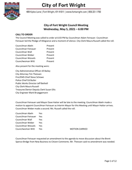 City of Fort Wright Council Meeting Wednesday, May 5, 2021 – 6:00 PM