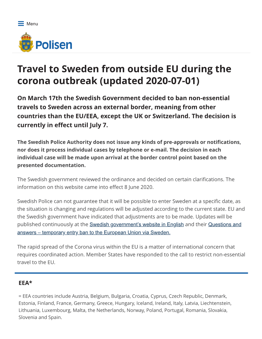 Travel to Sweden from Outside EU During the Corona Outbreak (Updated 2020-07-01)