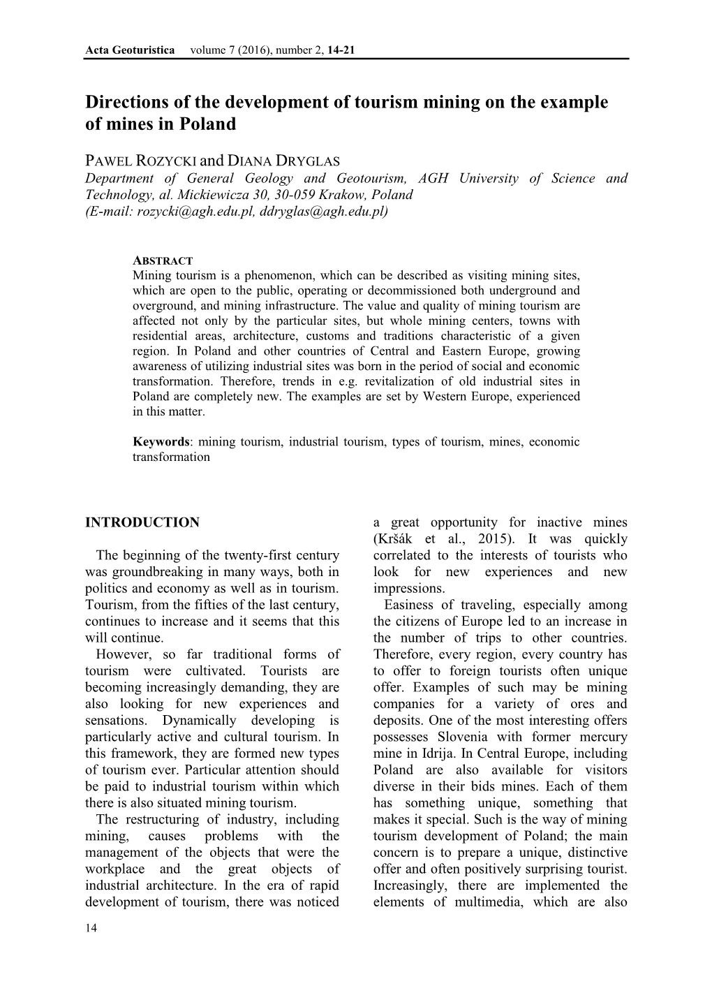 Directions of the Development of Tourism Mining on the Example of Mines in Poland