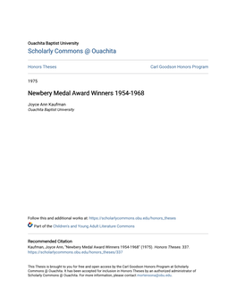 Newbery Medal Award Winners 1954-1968