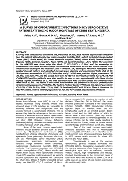 A Survey of Opportunistic Infections in Hiv Seropositive Patients Attending Major Hospitals of Kebbi State, Nigeria 70