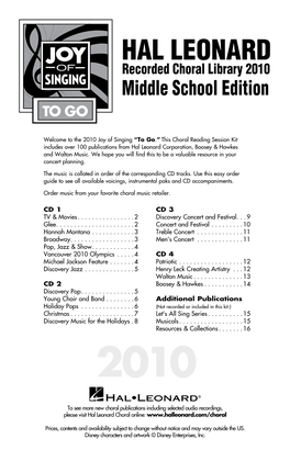 HAL LEONARD Recorded Choral Library 2010 Middle School Edition