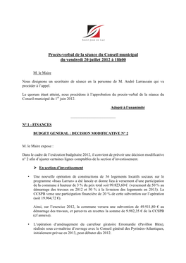 Procès-Verbal De La Séance Du Conseil Municipal Du Vendredi 20 Juillet 2012 À 18H00