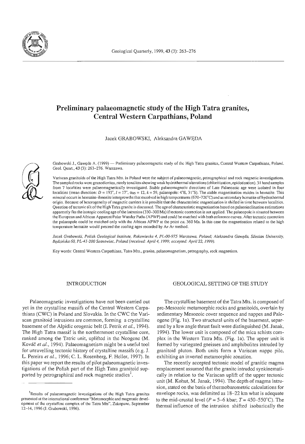 Preliminary Palaeomagnetic Study of the High Tatra Granites, Central Western Carpathians, Poland